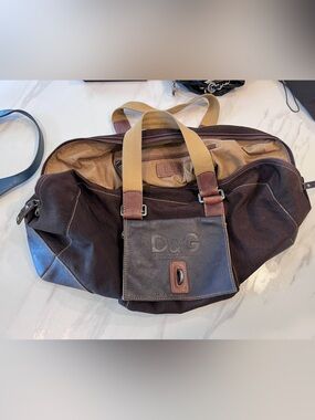 D&G Brown Canvas & Leather Contrast Duffel with Tan Webbing Handles